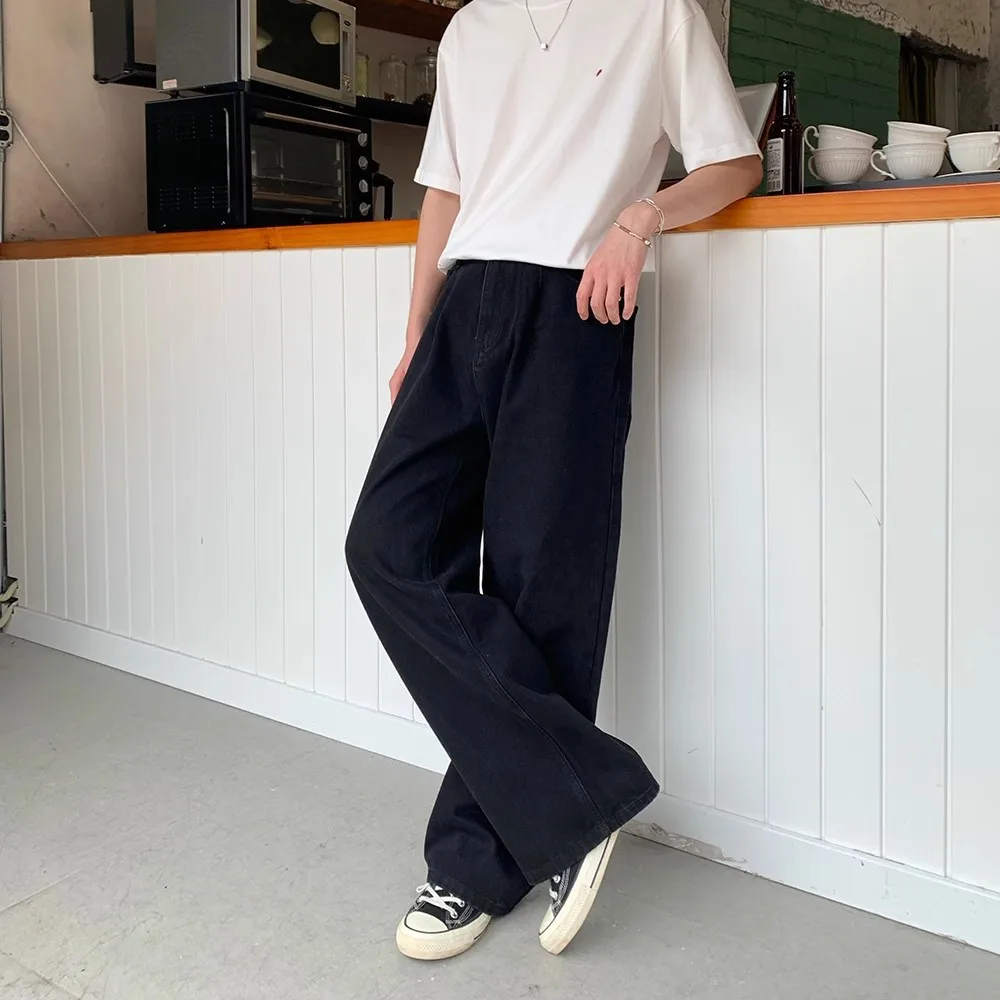 Korean-Style Basic Simple Straight-Leg Jeans Men, Loose Fit, Retro Casual Long Pants, Trendy For Spring And Autumn
