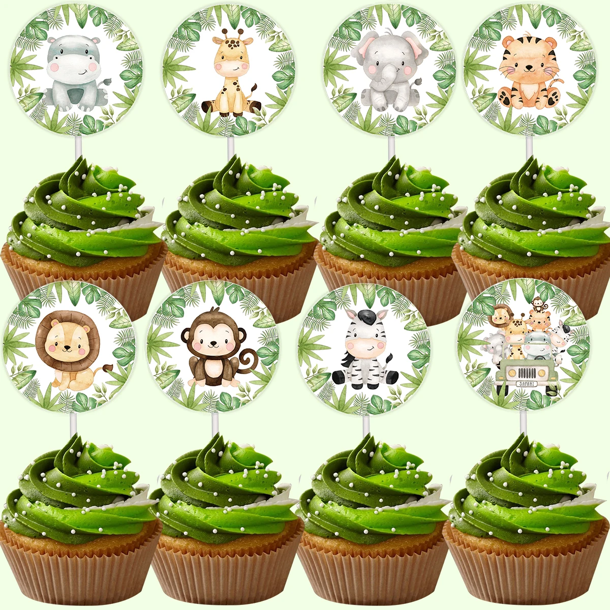 16 Stuks Dier Cupcake Toppers Kartonnen Leeuw/Olifant/Giraffe Ronde Papieren Topper Voor Kinderen Wild Bos Verjaardagsfeestje taart Decoratie