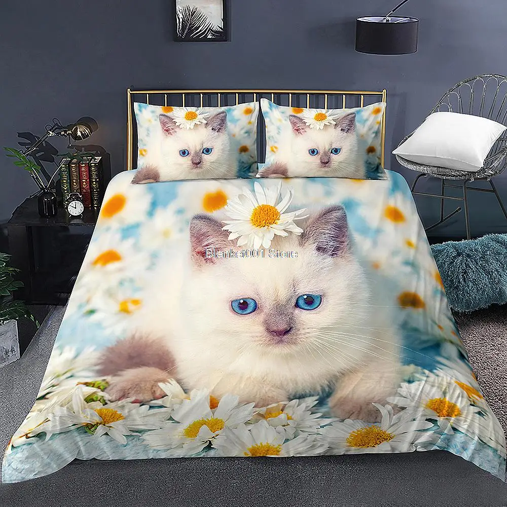 Cute Pet Cat Animal Pattern Quilt Cover Bedding Sets for Kids Children Bedroom Duvet Cover Bedspread with Pillowcases Bed Decor