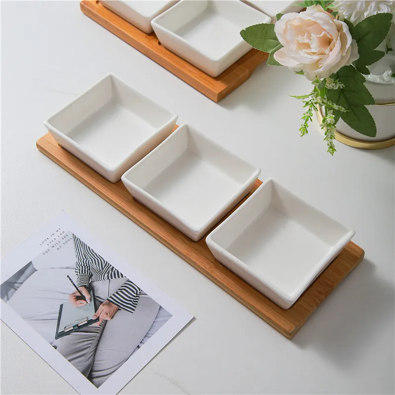 

Ceramic square dish with bamboo tray, appetizer serving set