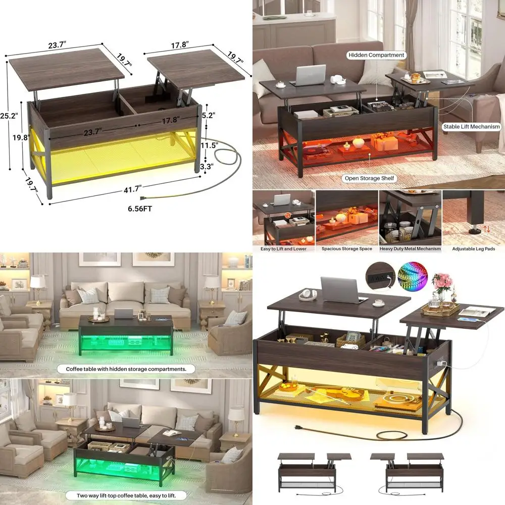 Espresso Modern Lift-Top Coffee Table with LED Light, Power Outlet, and Storage Shelf for Living Room