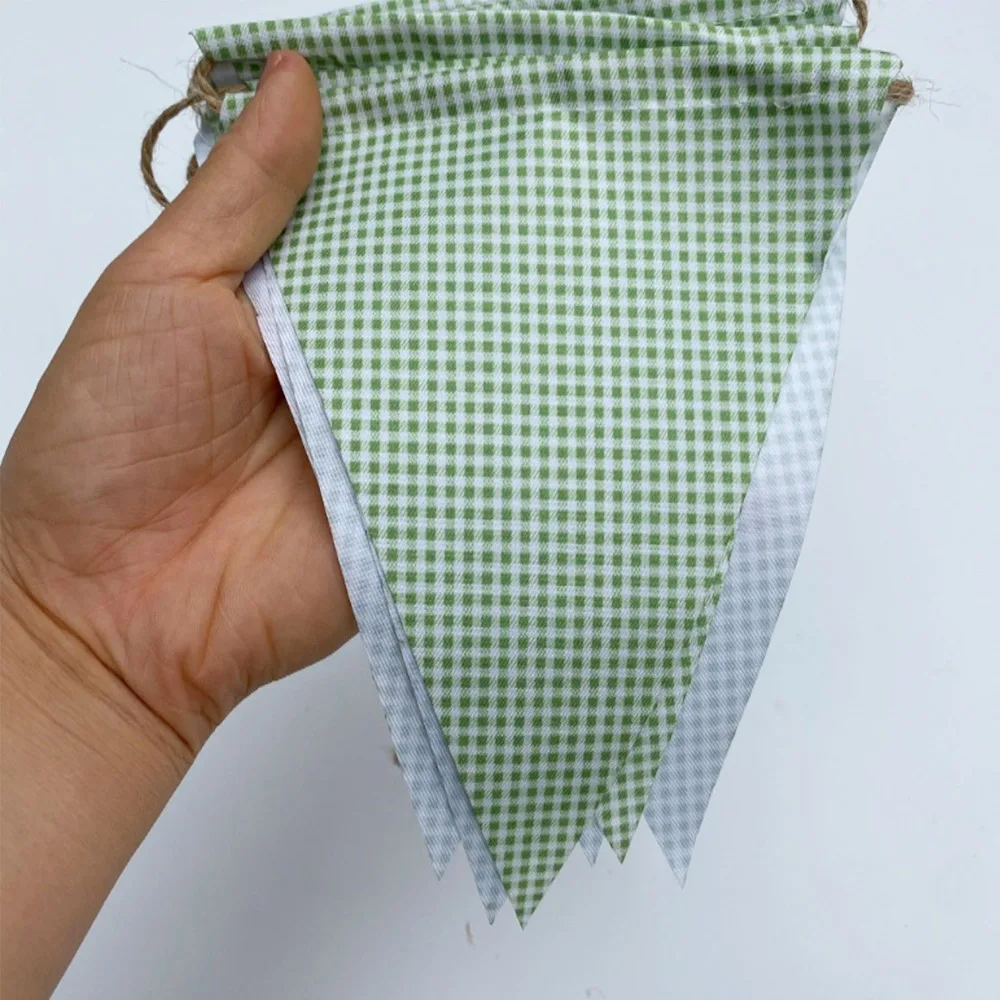 Sage Green White Fine Plaid Fabic Triangle Banner Flags Gingham Bunting Picnic Garden Christmas Home Birthday Party Decorations view 5