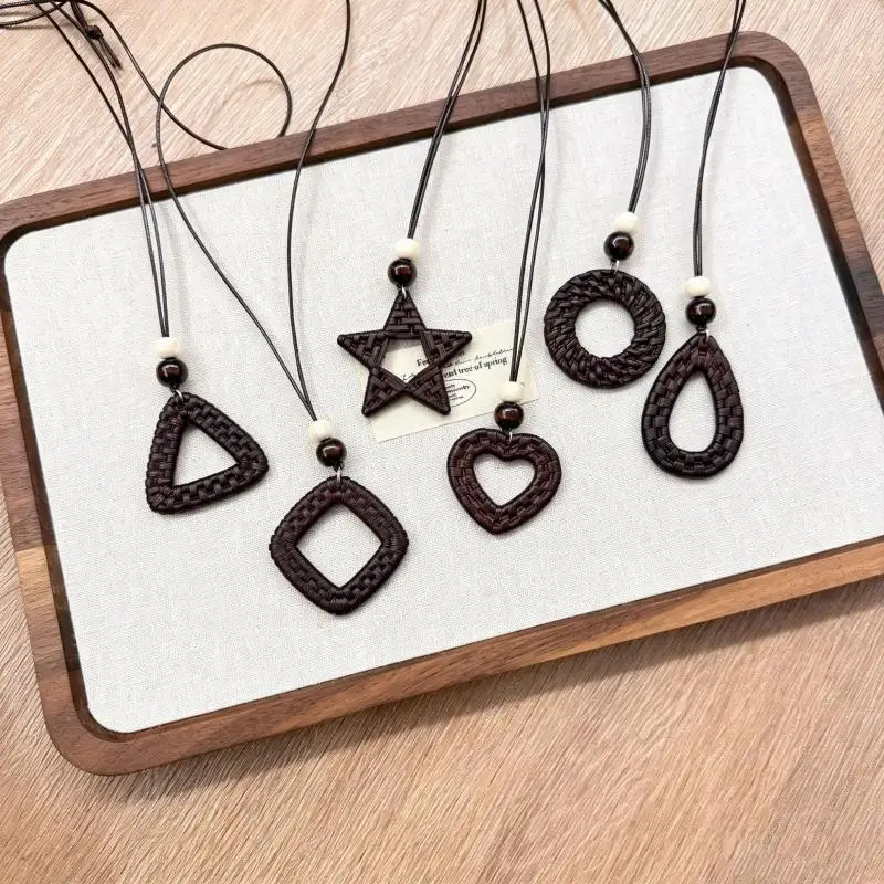 Vintage Ethnic Style Weaving Hollow Out Geometric Resin Pendant Long Chain Necklace for Women Charms Bohemian Vacation Jewelry