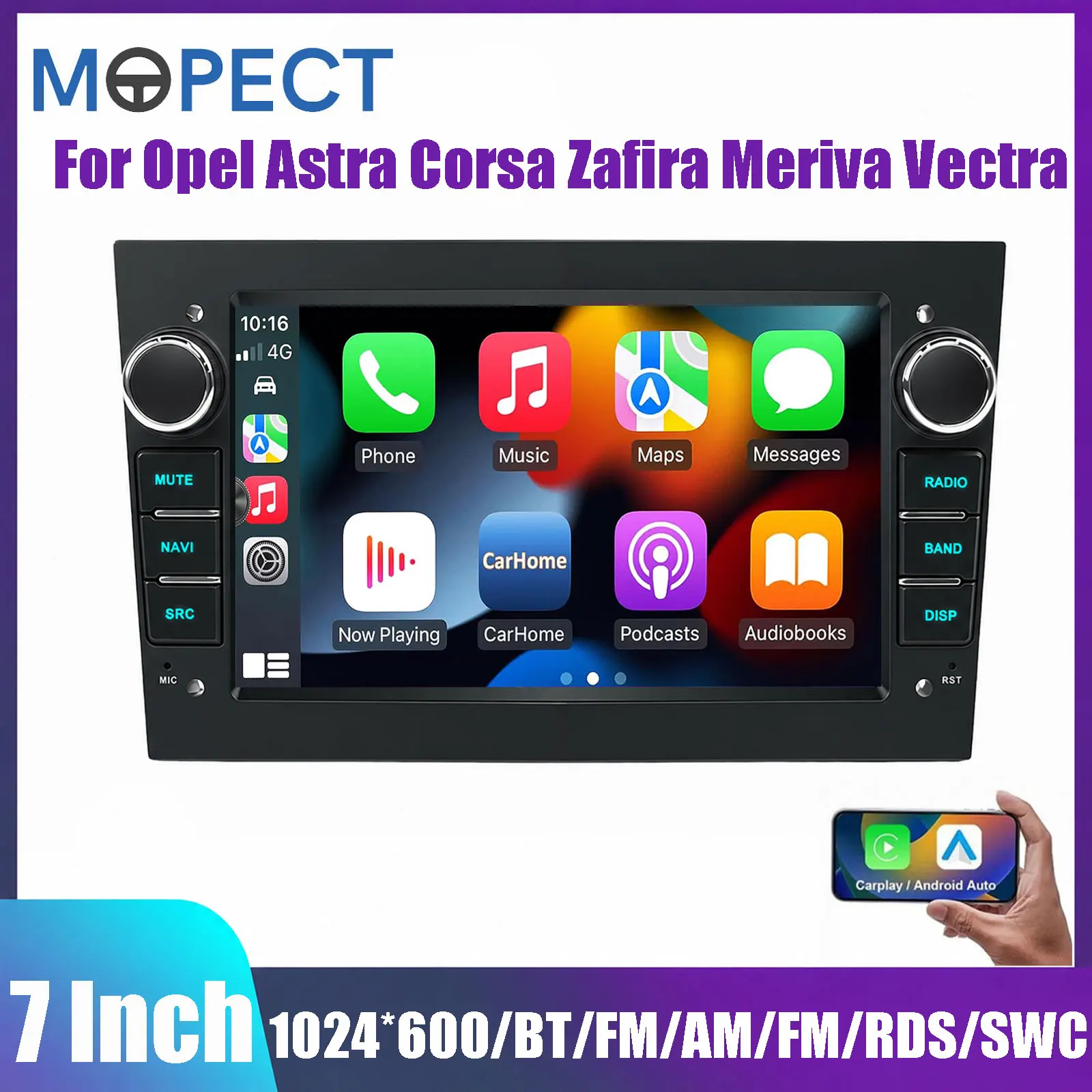 Autoradio stéréo 2DIN 7 pouces MOPECT pour Opel Astra H Corsa C D Zafira B Vectra Vauxhall Antara Vivaro Meriva Veda, lecteur multimédia, Carplay, Android Auto, systèmes intelligents, écran tactile IPS, lecteur vidéo stéréo, SWC, FM, AM, RDS, EQ