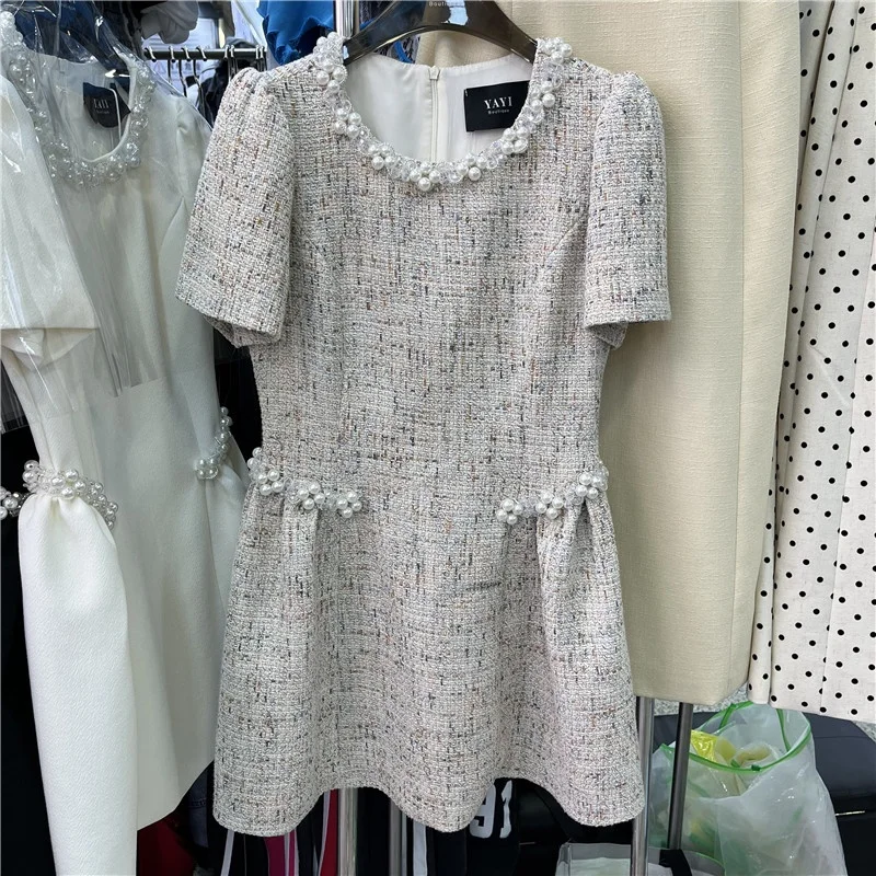 

Новое платье Ele Beaded ort Princ Skirt Весна 2026 с жемчужной отделкой на талии, эффектом похудения, круглым вырезом и рукавами-фонариками, из полиэфирного волокна