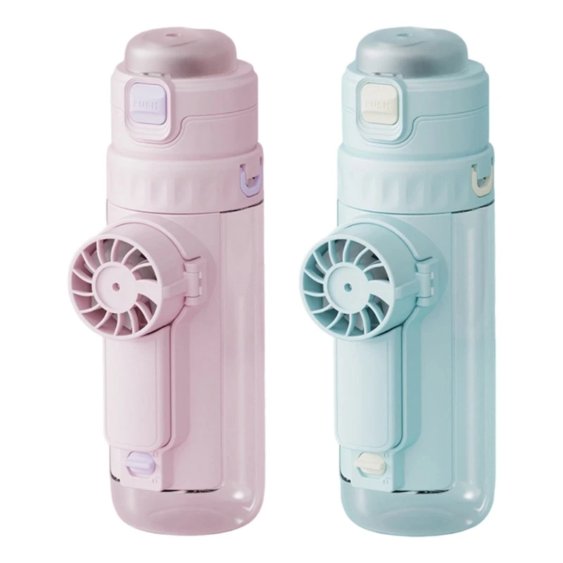 Water Bottle with Press-Operated Water Atomizer and Detachable Mini Fan, 0.69 L Capacity for Outdoor Use and Travel B03E