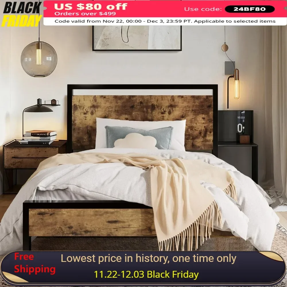 

Double Metal Bed Frame, Headboard and Footboard, Sturdy Frame Construction, No Mattress Spring Required, Single Bed Frames