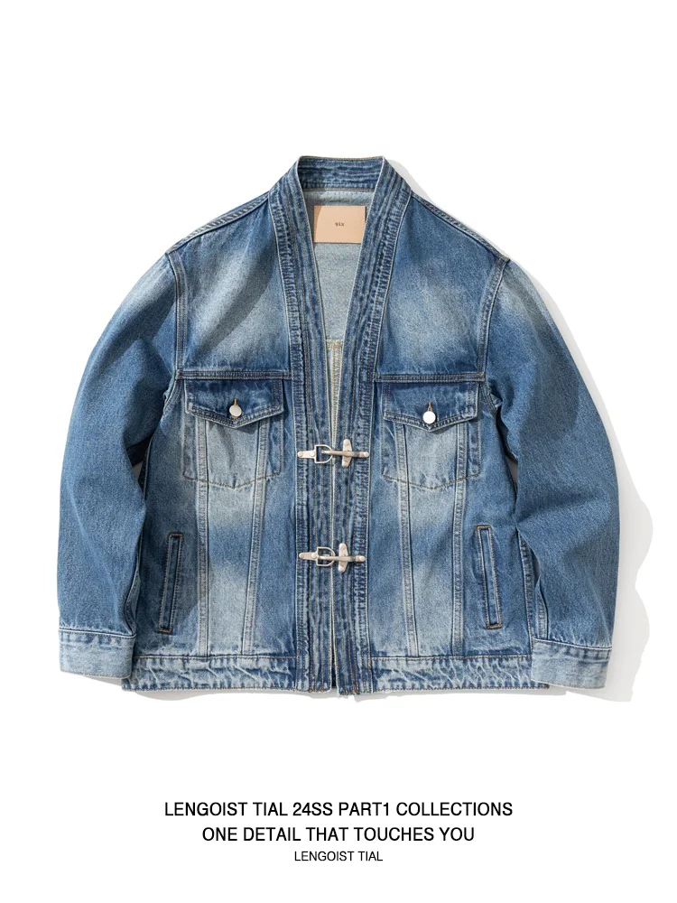 

25ss aircraft buckle texture vegetable tanned leather retro washed loose cargo denim jacket Japanese collarless robe jacket