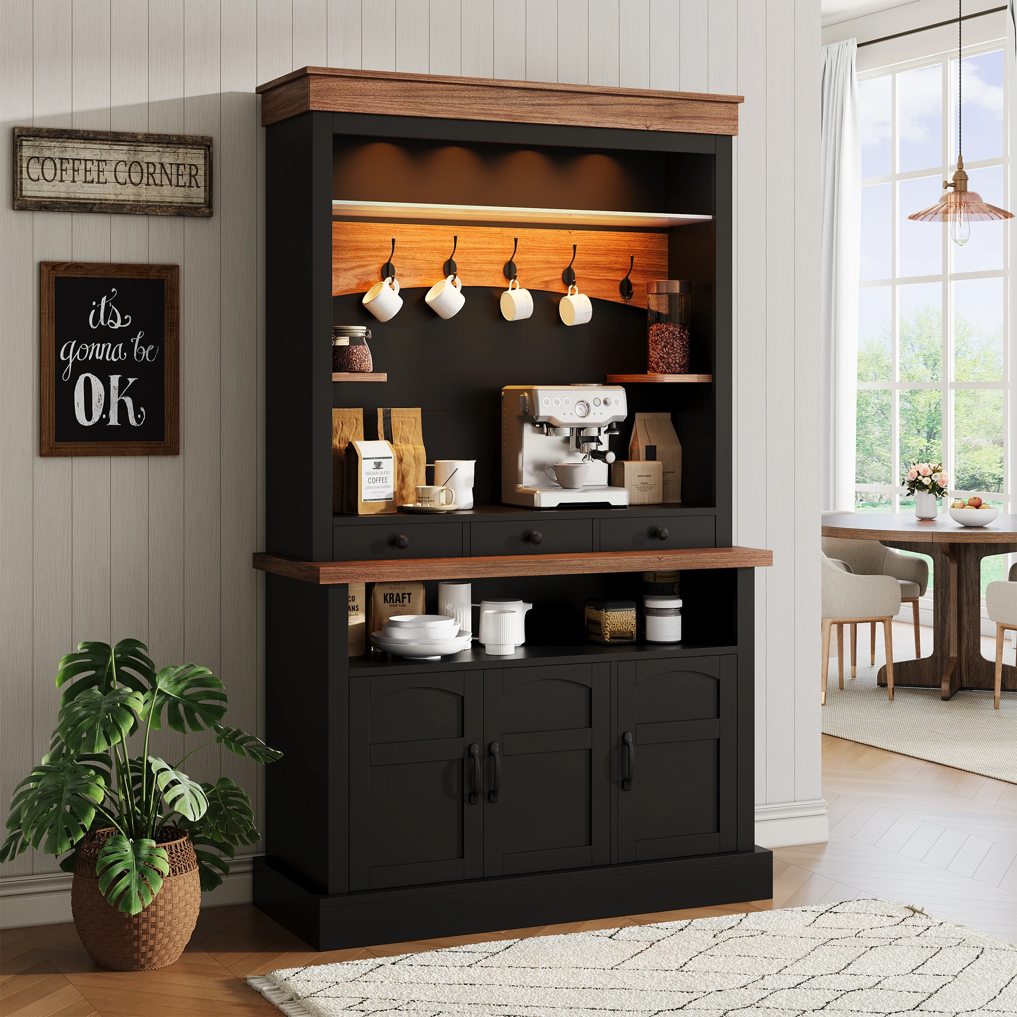 Farmhouse Bar Cabinet With LED Lights 72 Inch Tall Adjustable Shelves Doors And Drawer Glass Shelf Ample Storage Sideboard Buffet Portable Bar Table For Living Or Dining Room