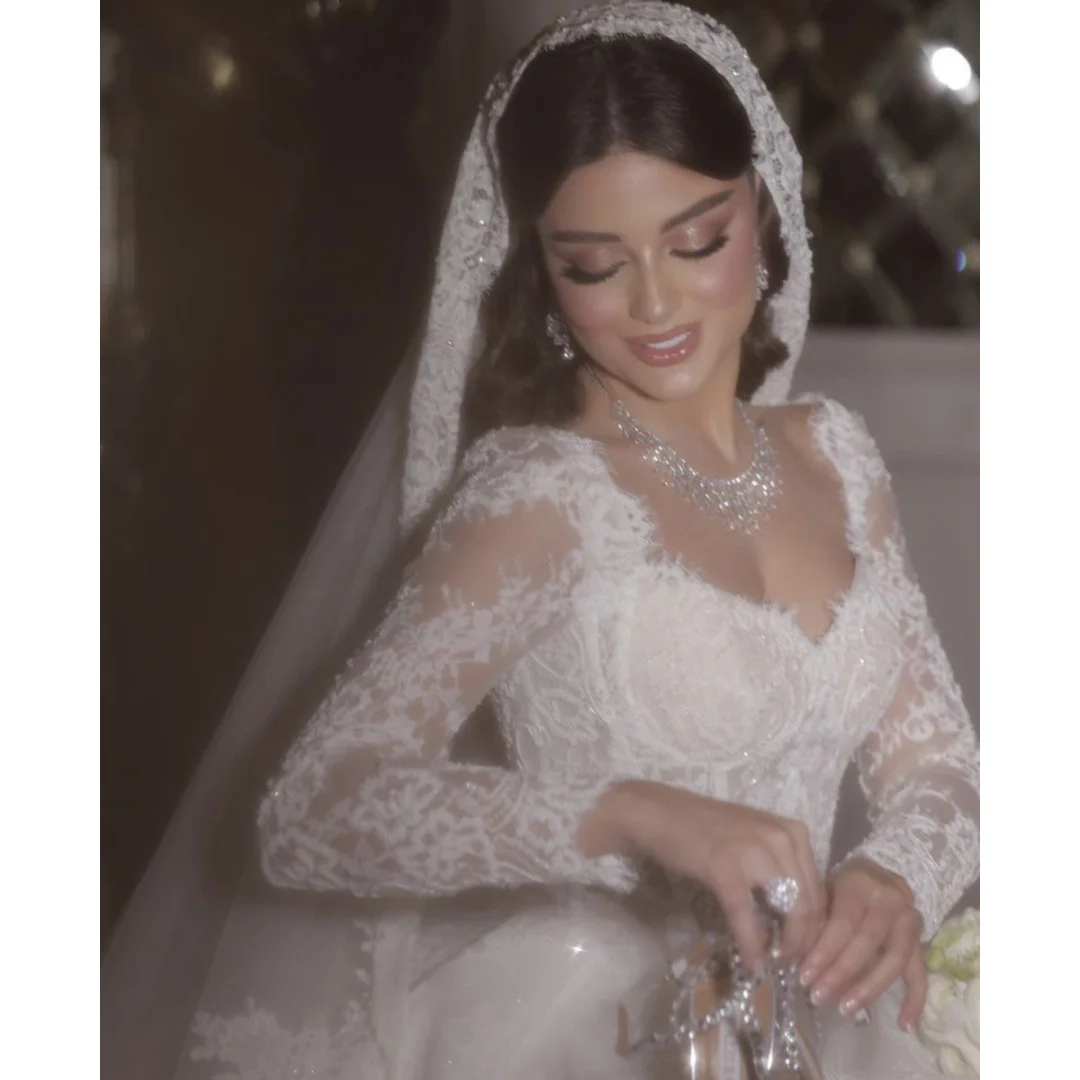Custom 2026 Ladies' Elegance Sweetheart Neck Lace Ball Gown Wedding Dress Long Sleeve Corset Back Muslim Bridal Gown