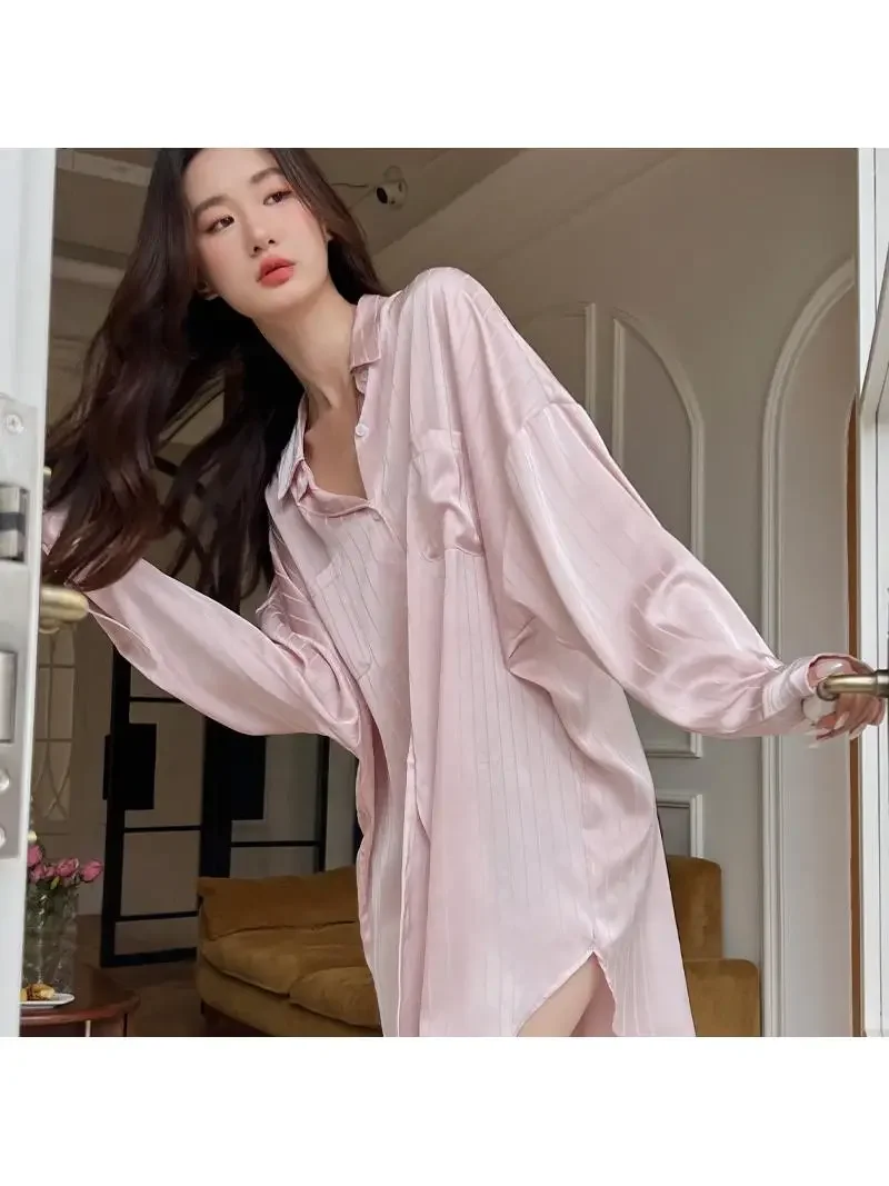 Silk pajamas dress for women spring, summer and autumn sexy loose white shirt dress pure temptation boyfriend style home clothes