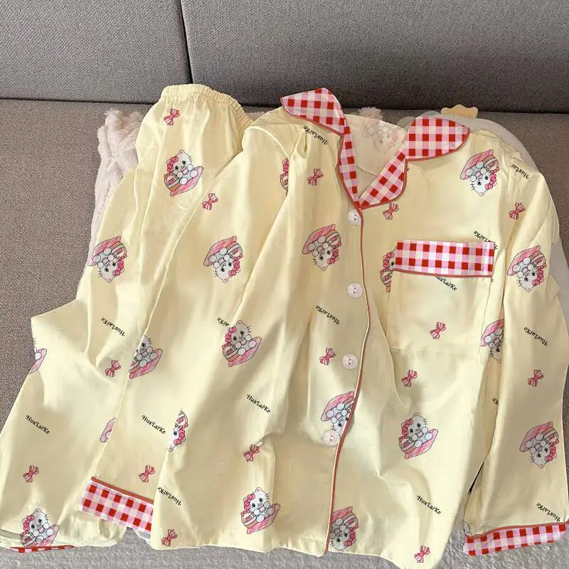 

Sanrio Hello Kitty Sweet Cartoon Long Sleeve Long Pants Pajamas Set Thin Women Home Wear Japanese Casual Instagram Spring Autumn