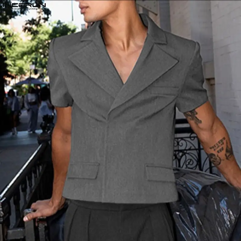 

INCERUN Men Blazer Solid Color Lapel Short Sleeve Casual Crop Blazer Men Streetwear Fashion Elegant Leisure Male Suit S-5XL 2026