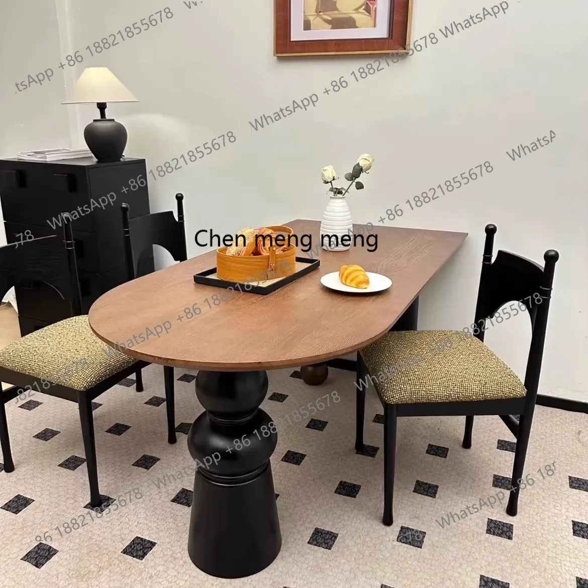 X188 French retro solid wood dining table high-end slate creative semi-oval island full solid wood