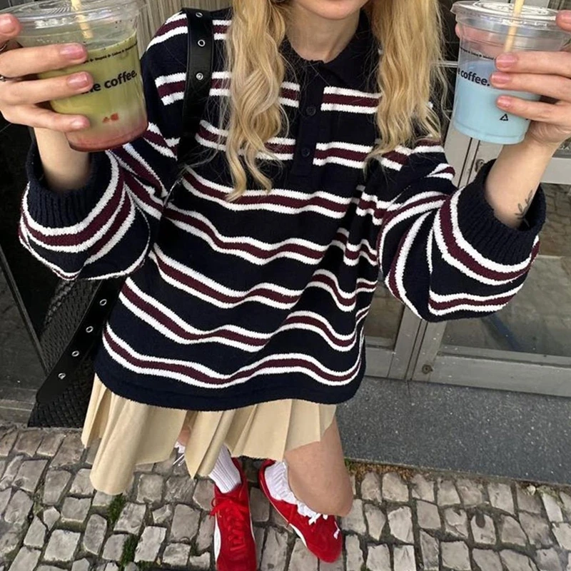 

Combhasaki Y2k полосатые вязаные свитера для регби женские свитера с длинным рукавом и воротником с v-образным вырезом в консервативном стиле повседневные трикотажные пуловеры большого размера