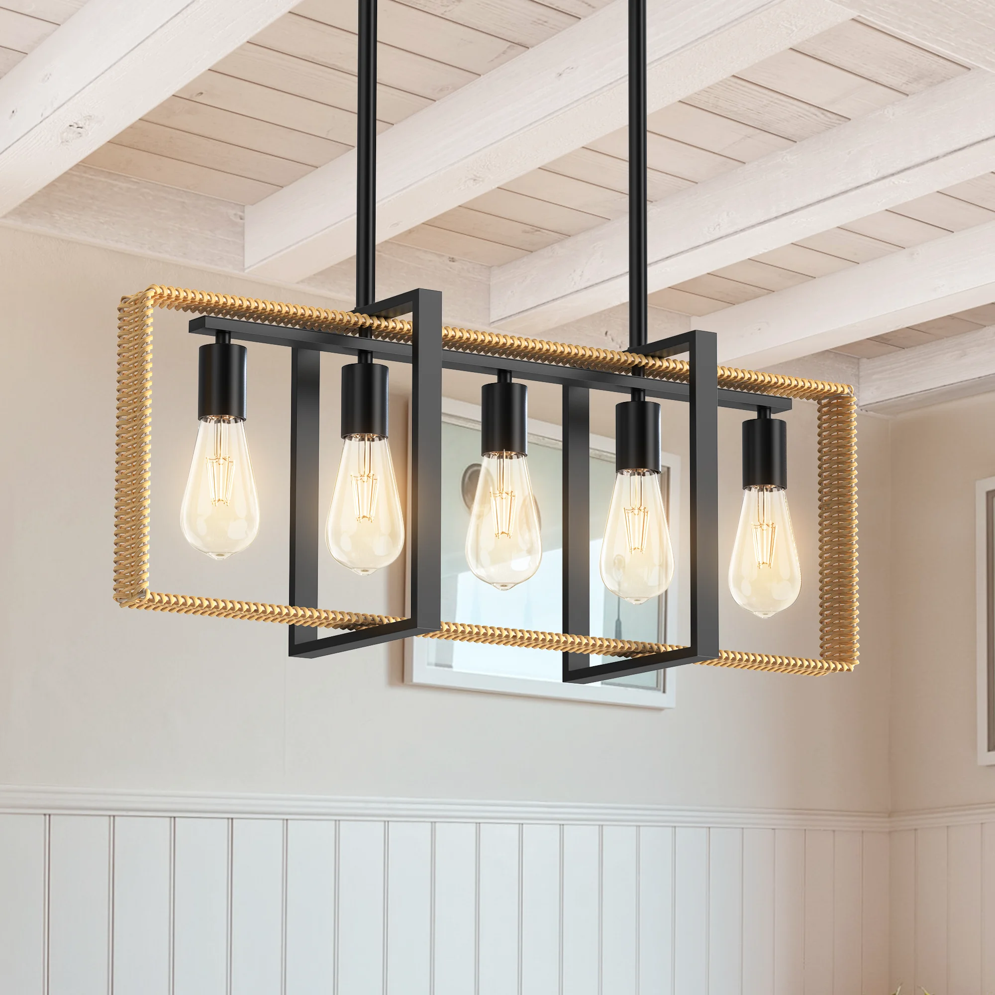 

Modern Pendant Island Lighting, 5-Light Adjustable Dining Room Light Fixtures, Rattan Frame Pendant Ceiling Chandelier