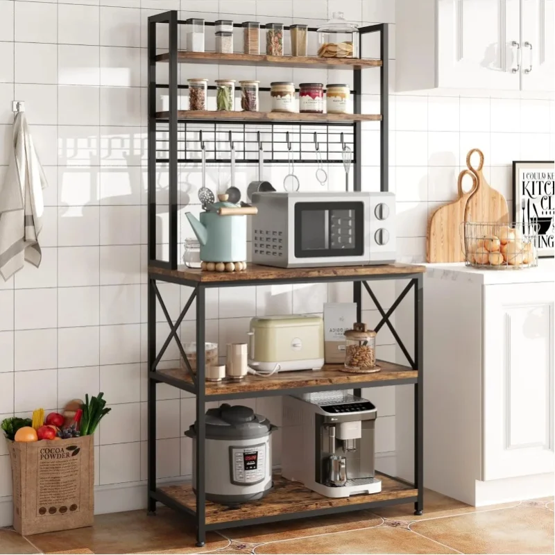 ikrowelle Küchenregal mit 5 Ebenen – Praktische Ablage & großer Stauraum – Metallregal mit Gitter und 6 Haken – Freistehende Kaffeebar-Station für Gewürze, Töpfe, Utensilien – Schwarz + klassisch