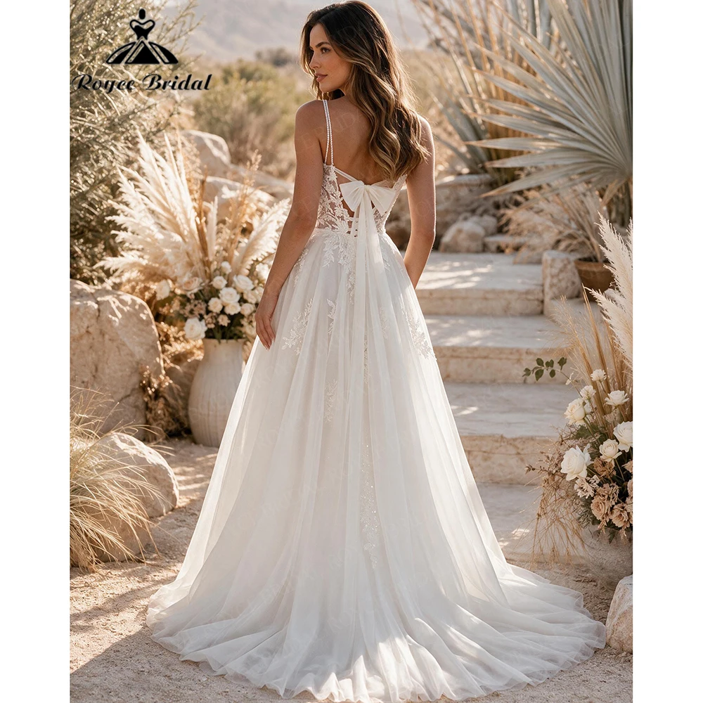 Roycebridal V Neck Sexy A Line Wedding Dresses 2027 Applique Bow Boho Beach Bridal Gown Customized vestido de novia