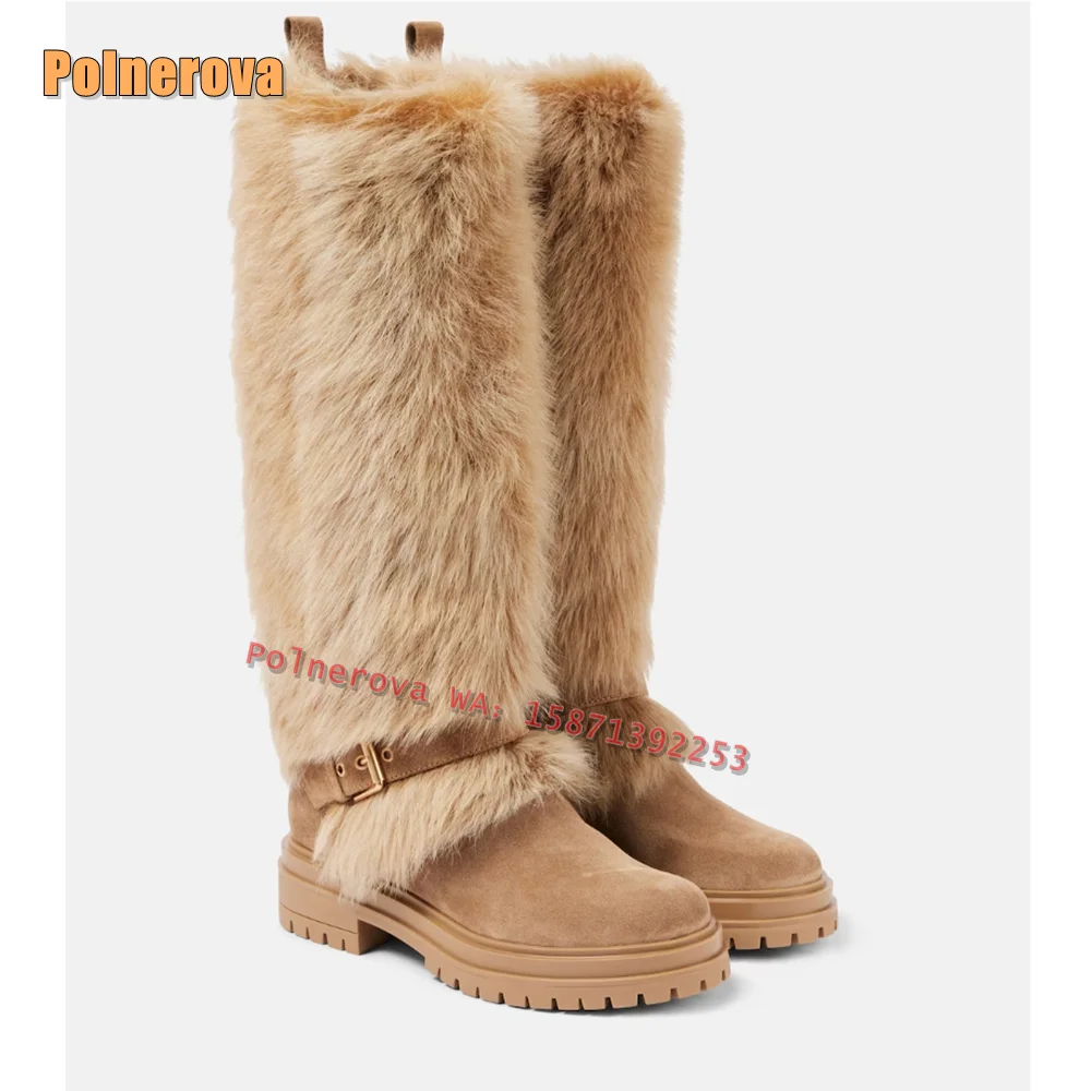 Fur-Trimmed Faux Suede Knee-High Boots Round Toe Chunky Heels Belt Buckle Pull On Brown Winter Fashion Booties 2024 New Style