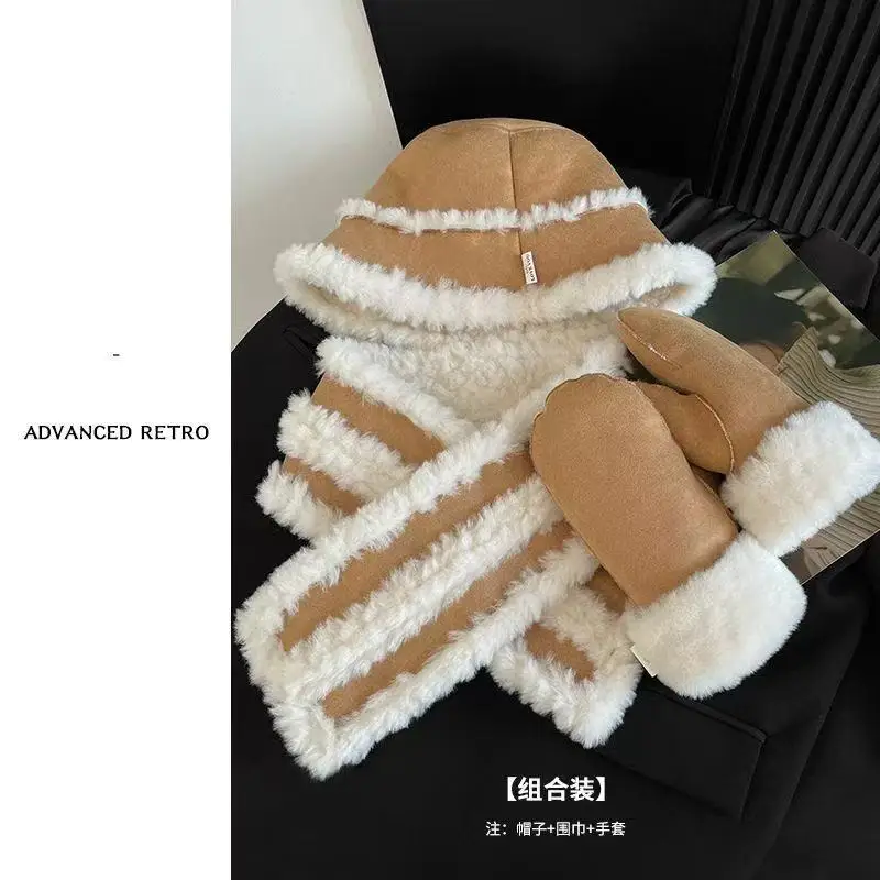 Neu Eingetroffenes Kunstfell Warmes Mützen-Schal-Handschuh-Set Grau Stilvoll Modisch Mehrteiliges Set – Detail 4