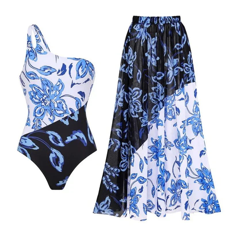 Long Sleeves One Shoulder Color Block Printed One Piece Swimsuit Monokini Bathing Suit Tropical Bodysuit Surfing Sport Swimsuit