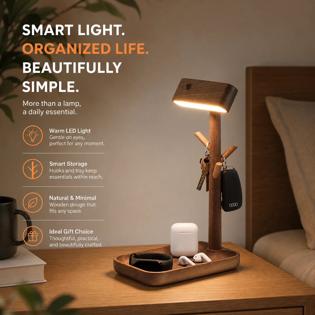 WWPPU Motion Sensor Night Light, Solid Wood Tray, Key & Jewelry Storage Rack, Entryway & Bedside Light