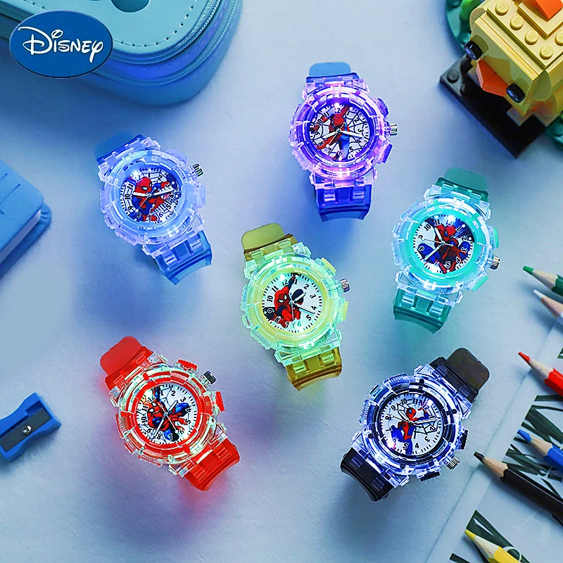 Disney Childrens Watches Anime Characters Spider Man LED Luminous Waterproof Electronic Frozen Watch Birthday Gift Toys