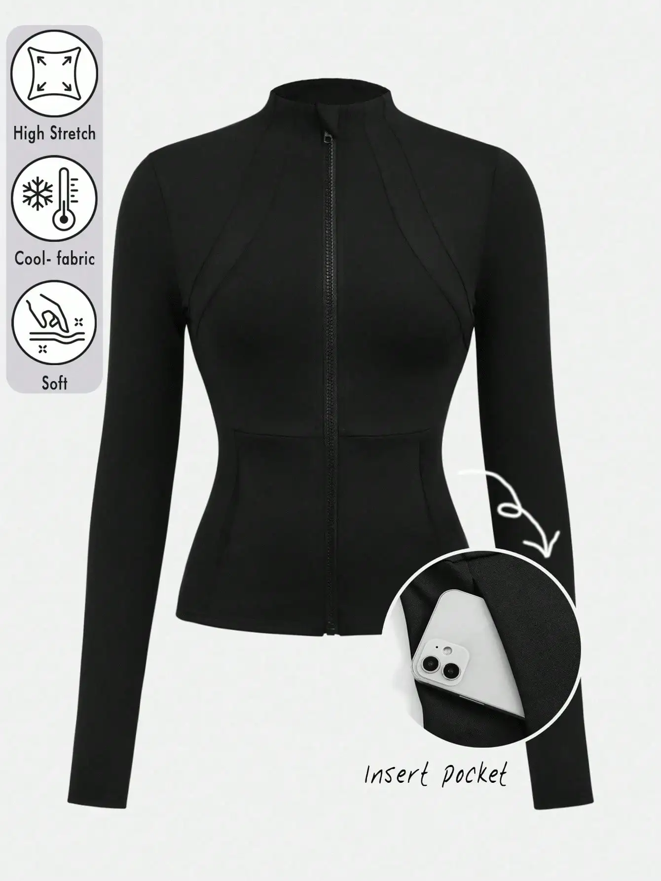 

Black Slim Fit Zip-Up Athletic Jacket for Women, Lightweight Cool-Fabric with Insert Pocket, Ideal for Gym Yoga Running