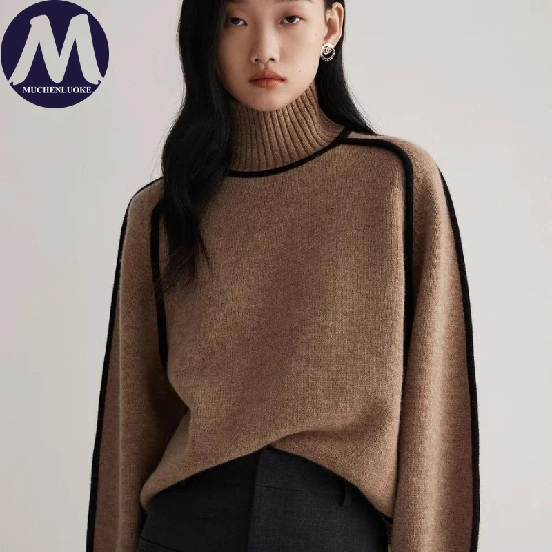 

Свитер для женщин, осень-зима, новые вязаные свитера в полоску с высоким воротом и рукавами-фонариками, модные повседневные свободные теплые пуловеры