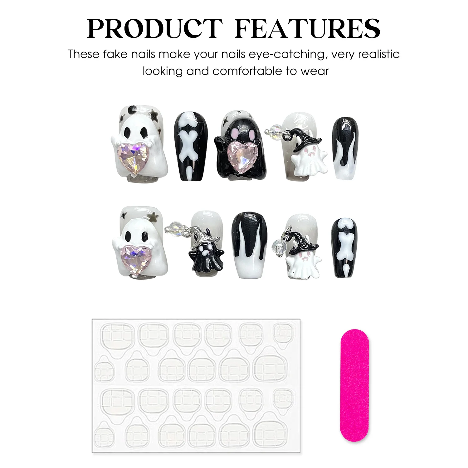 Halloween Style False Nails Black White Handmade 3D Little Ghost Press On Nail Short Or Medium T Fake Nails For DIY Manicure