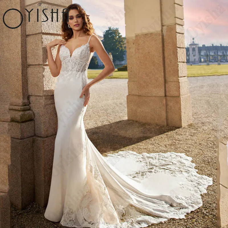 

Oyisha Boho Satin Mermaid Wedding Dresses For Women Lace Appliques V-Neck Bride Gowns Spaghetti Straps Backless Vestido De Novia