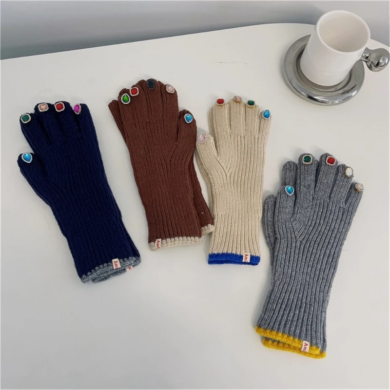 

Women Gloves Winter Warm Full Finger Gloves Knit Gloves with Decors on Finger Tips Luxury Mittens