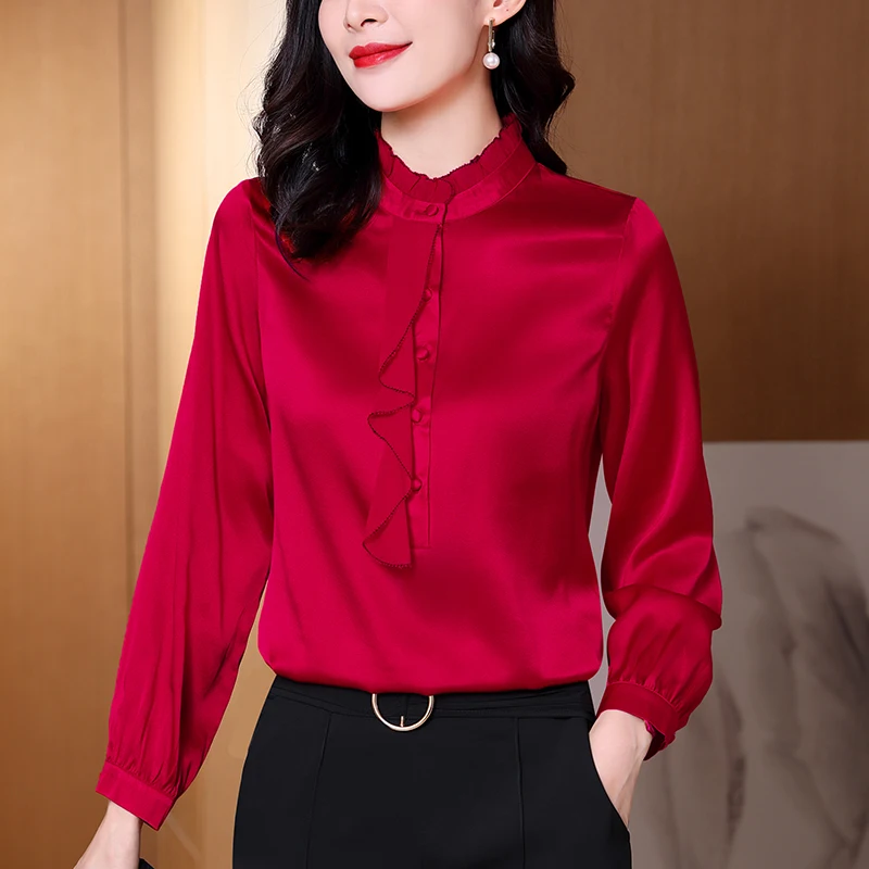 

Real Silk Women's Vintage Shirt Stand Collar Long Sleeve Elegant Shirts Blouses For Women Solid Tops Woman Blouse Spring Summer