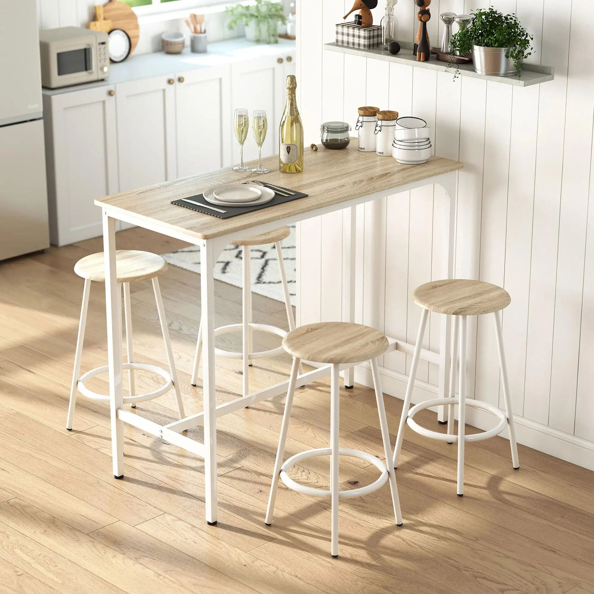 Ensemble de table de bar 5 pièces avec 4 tabourets, cadre en métal, repose-pieds pour cuisine, salon, bois naturel blanc
