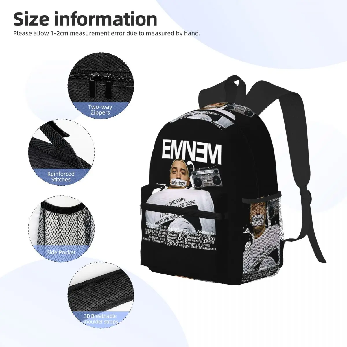 حقيبة ظهر مدرسية للطلاب من Eminem Slim Shady Music Rap حقيبة مدرسية للمشي لمسافات طويلة والسفر للرجال والنساء حقيبة كتب عصرية حقائب كتف