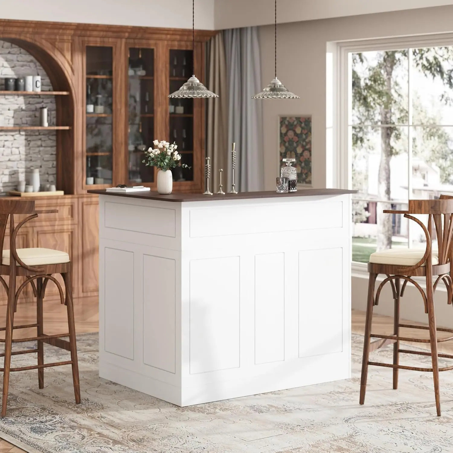 L-Shaped Bar Cabinet, 4-Tier Corner Bar Unit with Stemware Racks (White), Customized