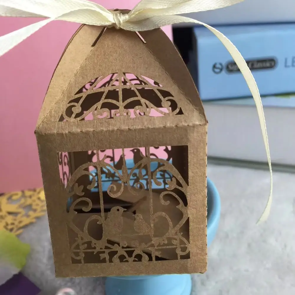 

300pcs Love Bird Kraft Paper Wedding Favor Boxes with ribbon,Laser Cut Wedding Gift Boxes Candy Boxes for Party Favor Decoration