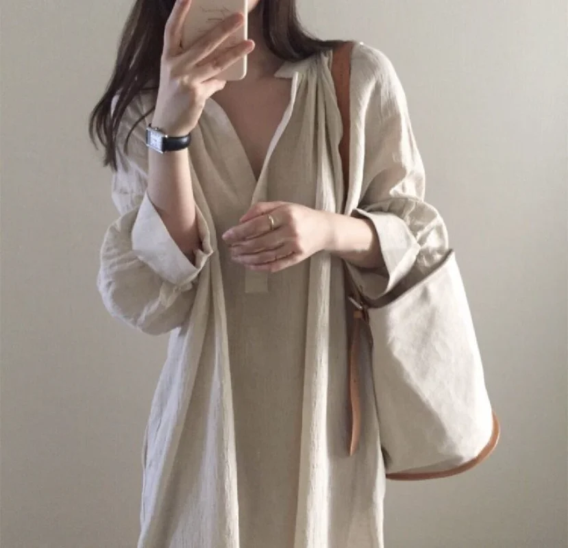 Women's Loose Slouchy Style Shirt Skirt, Niche Cotton Linen Shirt Skirt, Mid-length V-neck, Over-the-knee White Dress