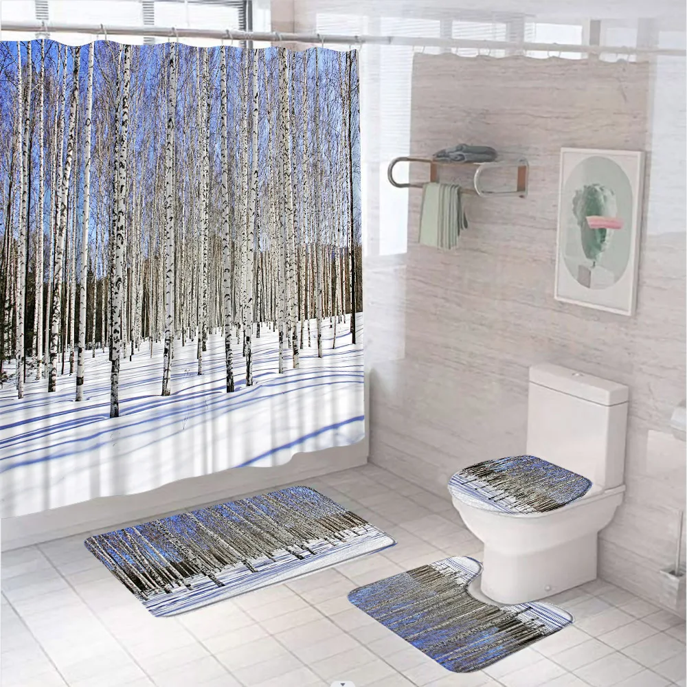 

Winter Snow Forest Shower Curtain Sets Birch Trees Natural Scenery Bath Screen Bathroom Mat Non Slip Rug Carpet Lid Toilet Cover