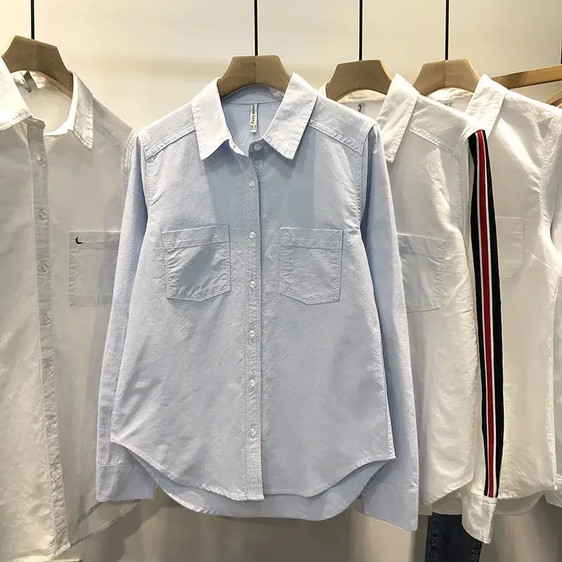 Camisas de mujer, blusa azul de manga larga, Tops de algodón, camisas blancas con bolsillos y cuello vuelto de estilo coreano para mujer 2021