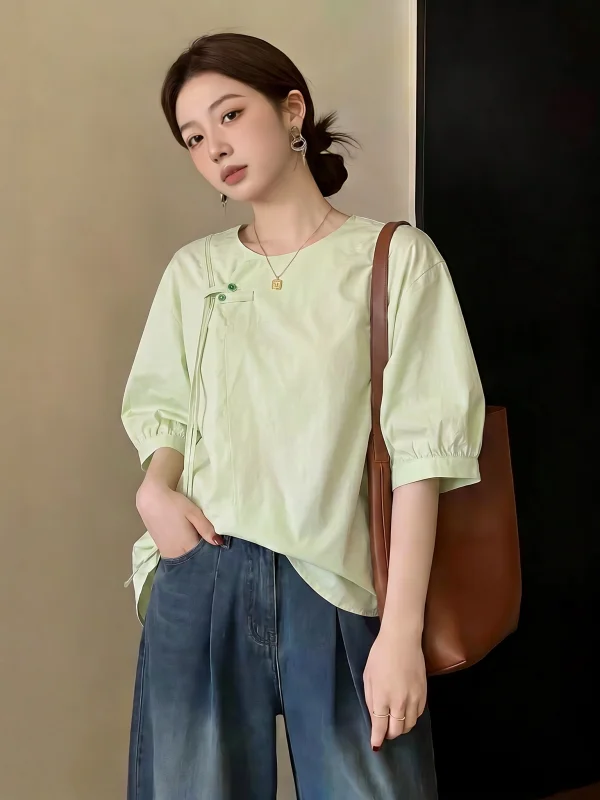 

New Chinese Style Light Green Short Sleeve Shirt Women's Summer plus Size Irregular Top Korean Version Loose Fit round Neck