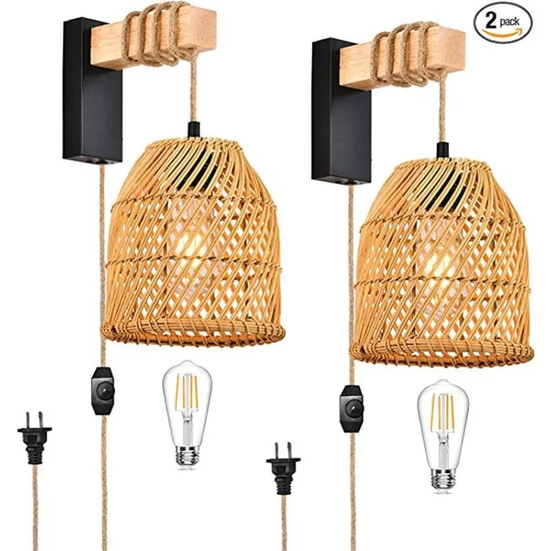 American wall lamp, bamboo art bamboo weaving creative classical personalized dining room living room study balcony