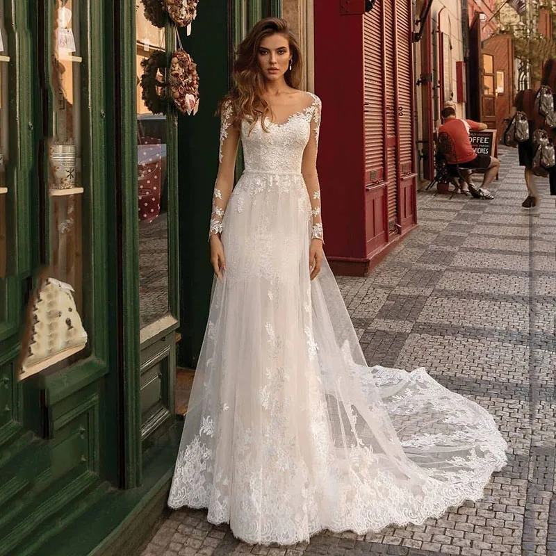 Haute Couture Elegante Vrouwen Bohemian Kant Trouwjurk Met Flare Lange Mouwen Bruidsjurken Applique Zacht Satijnen Vestidos