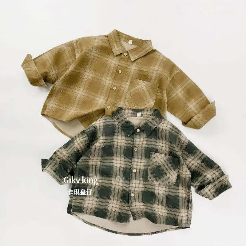 

2026 Spring New Children Long Sleeve Shirts Boys Cotton Tops Girls Vintage Plaid Lapel Shirts Toddler Casual Coat Kids Clothes