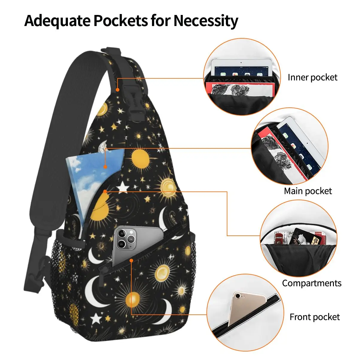 السماء المرصعة بالنجوم الفضاء غالاكسي الشمس القمر حقيبة الصدر الرجال حبال Crossbody على ظهره حقيبة الصدر السفر المشي لمسافات طويلة Daypack حقيبة الكتف