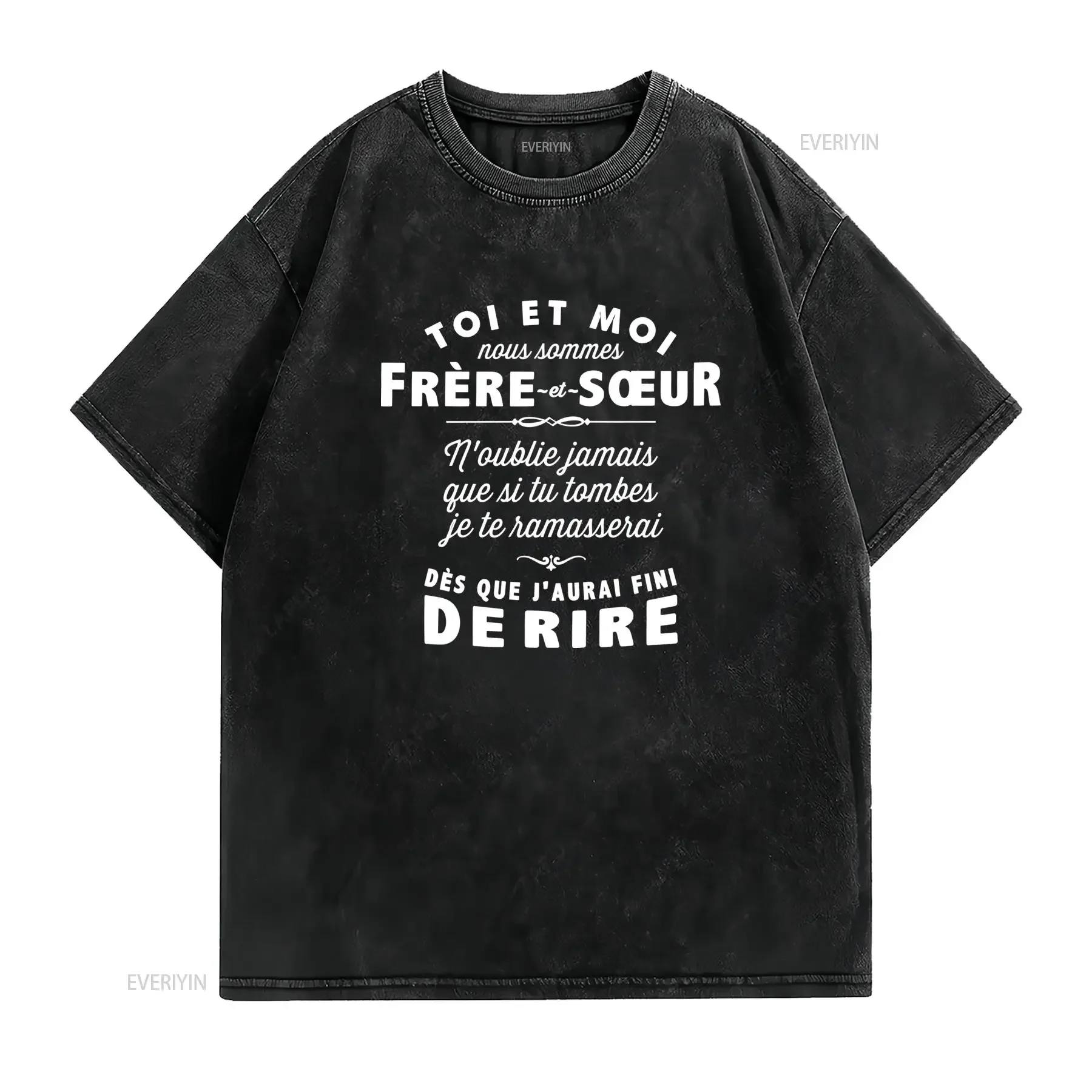 Maglietta con Citazione Francese Stampa Posteriore Frère Sœur per Fratelli e Sorelle T Shirt Casual a Collo Tondo vintage
