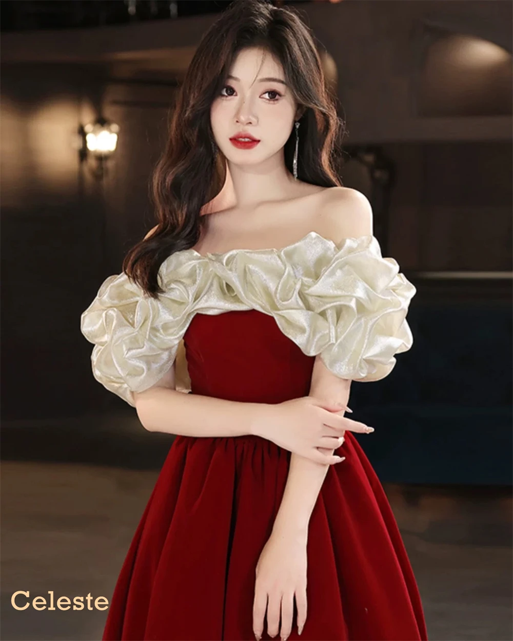 ที่กําหนดเองนุ่ม Burgundy JERSEY Vestido De Noche ประณีตปิดไหล่ชุดเหย้าหรูหราชุดพิเศษ