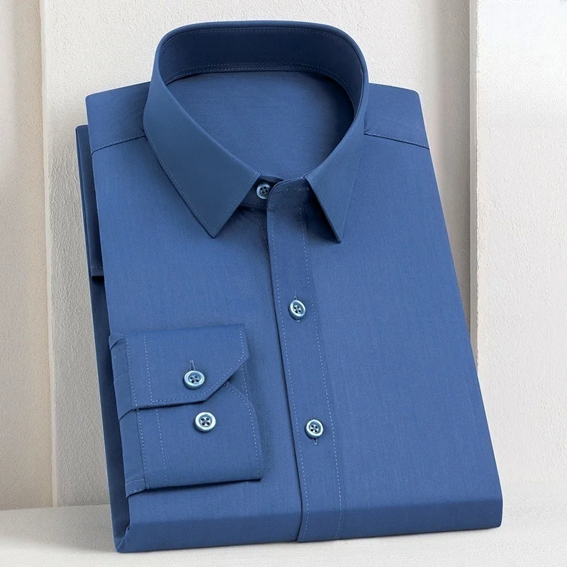 เสื้อเชิ้ตผู้ชาย ผ้าใยไผ่ แขนยาว ไม่ต้องรีด ทรงเข้ารูป แฟชั่นลำลอง ธุรกิจ สำนักงาน สีขาว สีฟ้า เสื้อเชิ้ตสำหรับงานสังคม เสื้อผ้าผู้ชาย