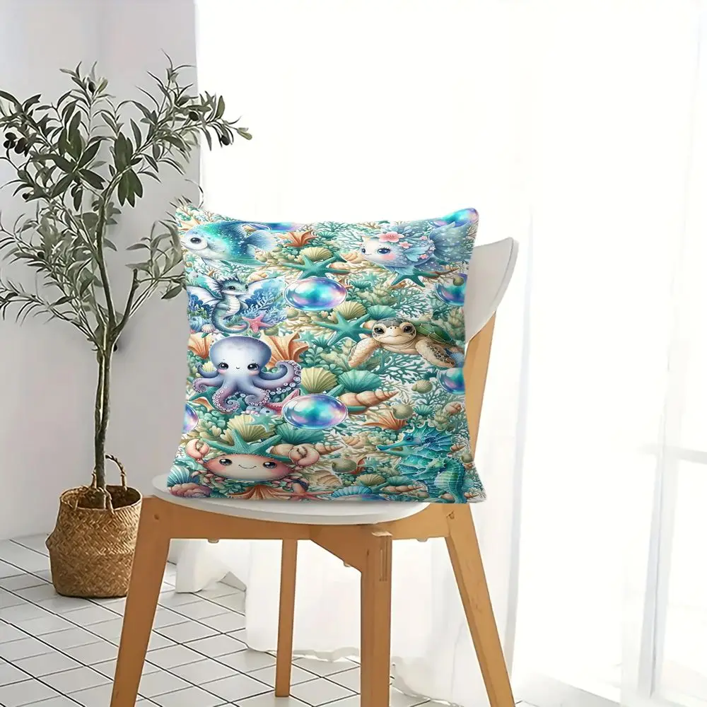 Throw Pillow Cushion Accent Pillow 45×45cm Includes Pillow Core Watercolor Ocean Creature Print for Adult Living Room Sofa Decor