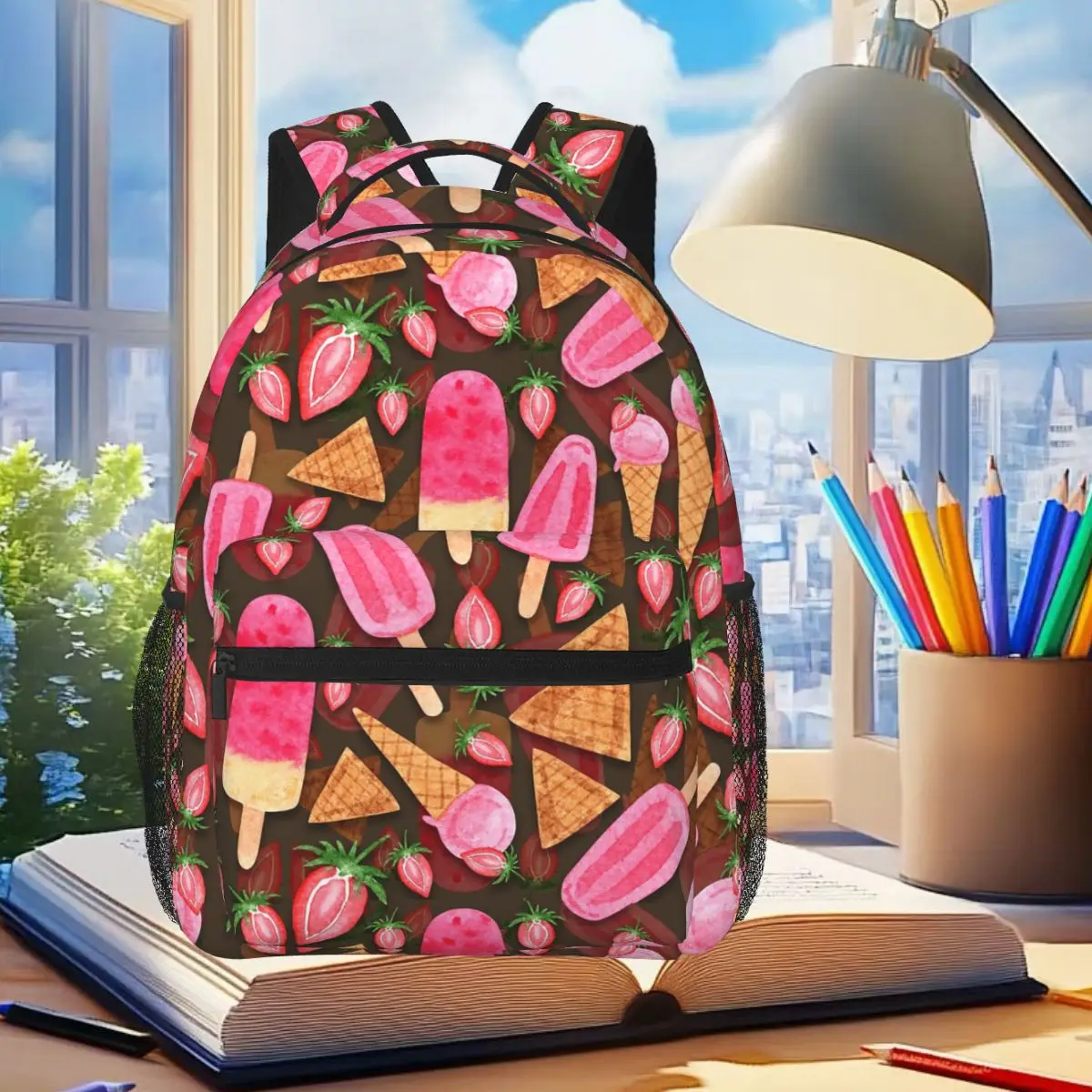 

Strawberry Ice Cream Pattern Student Backpack School Bag Hiking Travel Daypack for Boys Girls Fashion Bookbag Shoulder Bags